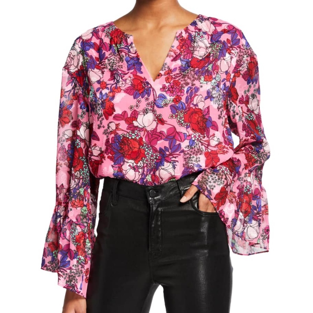 Tanya Taylor Harper V‎ Neck Pink Floral Lined Bell-Sleeve Top Size Small